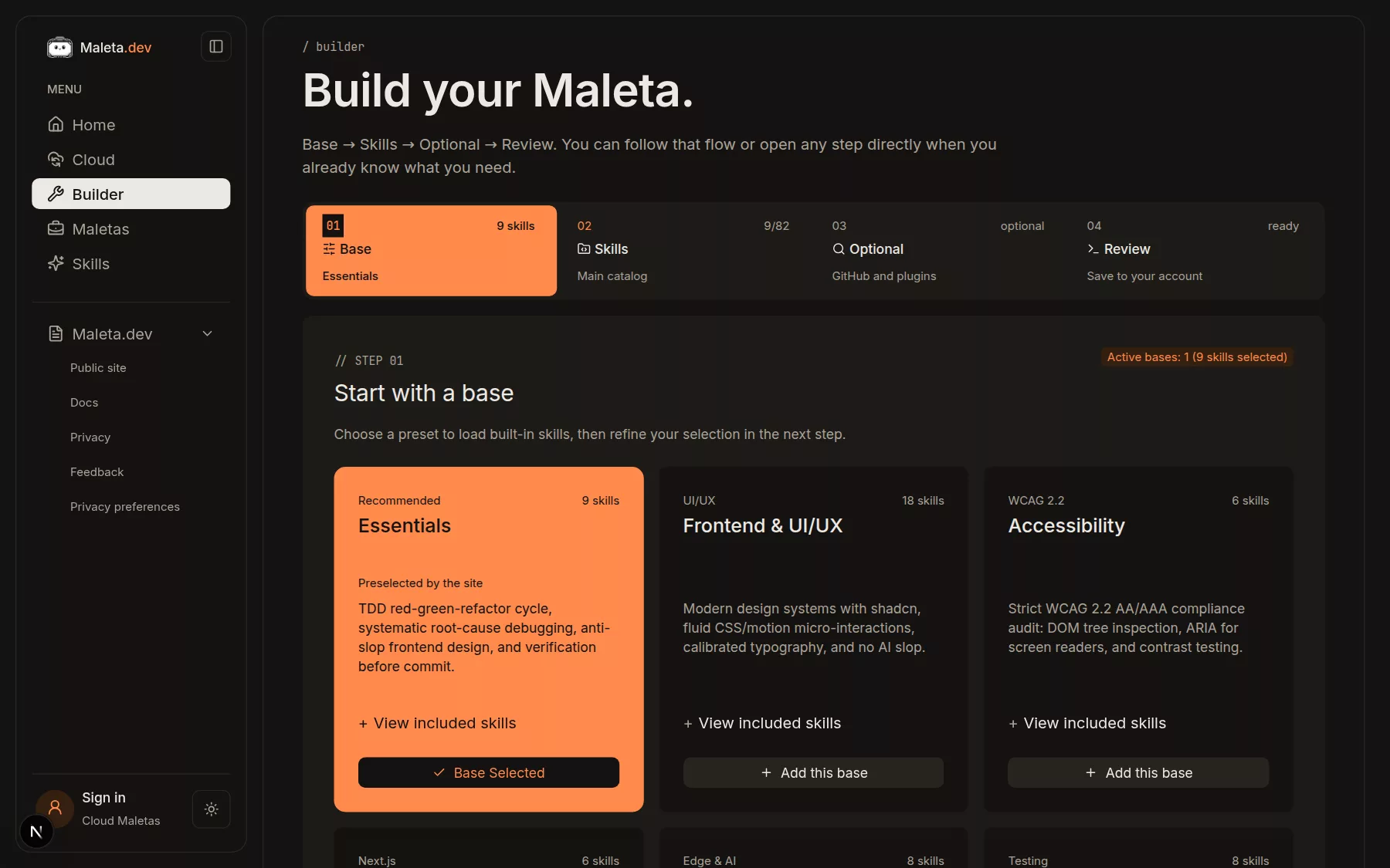 The app.maleta.dev Builder showing the Base step, preset cards, and expanded navigation sidebar.